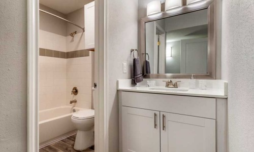 Modern bathroom with a large mirror  at Regency Park Cypress apartments for rent.