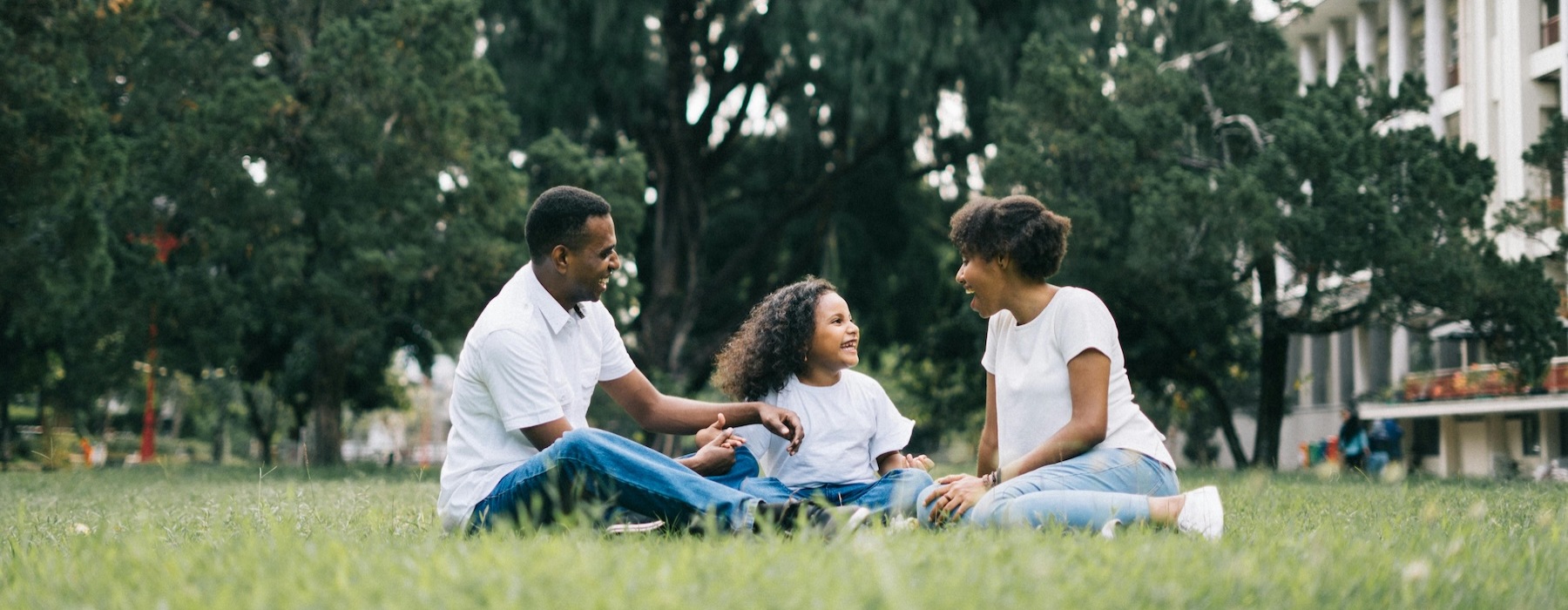 a family sitting in a field